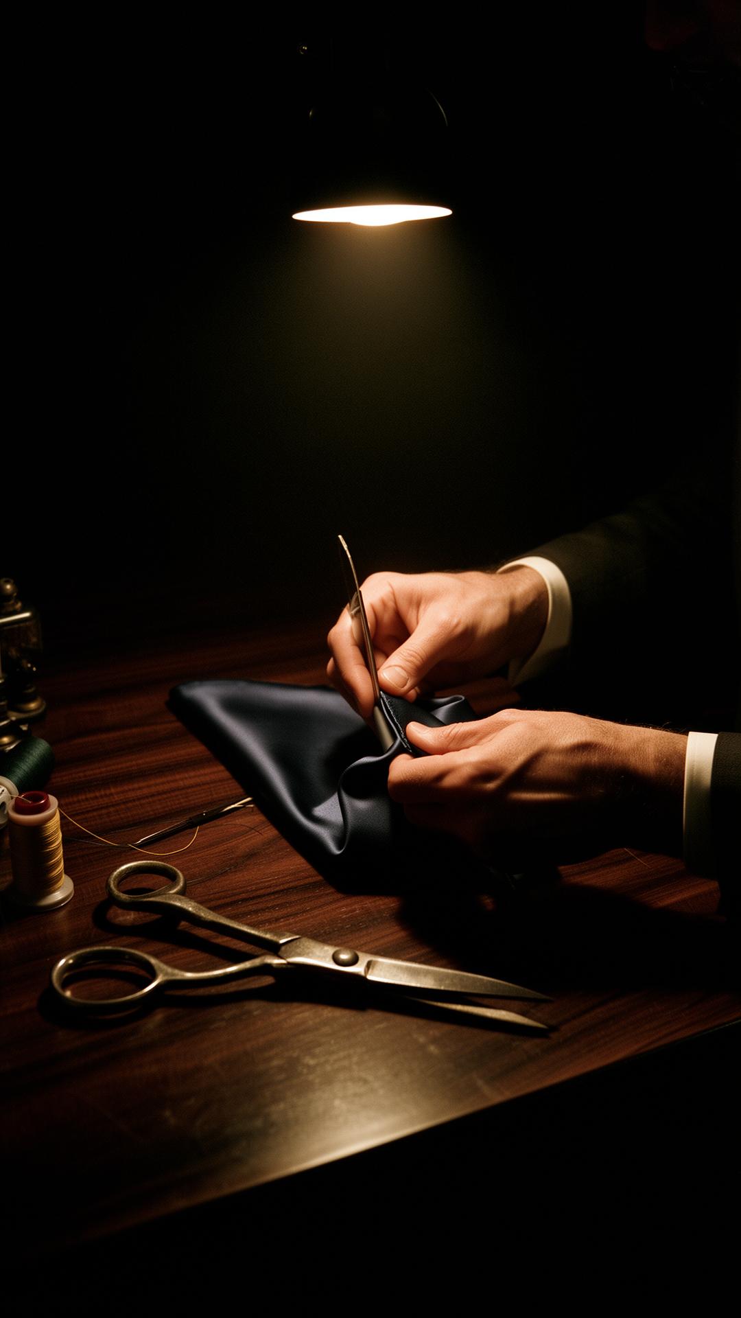 Artisan hand-rolling the edge of a silk pocket square