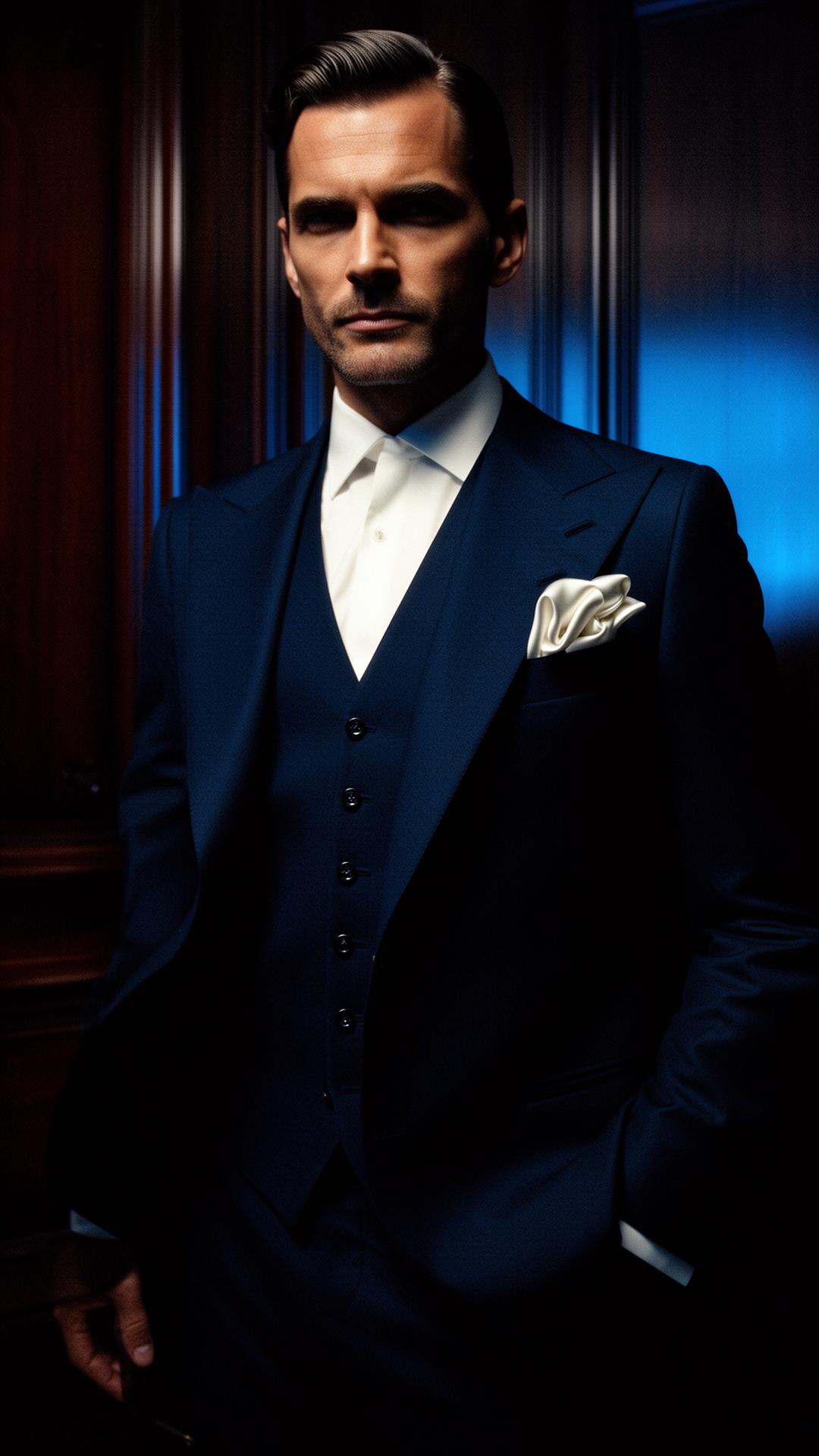 A folded silk pocket square in cream and navy resting on a tailored wool lapel